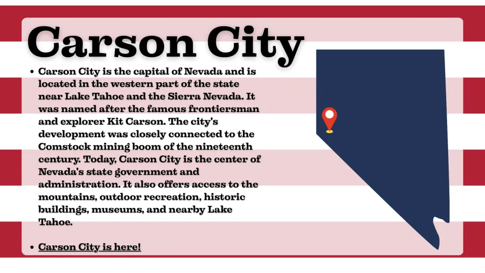 Capital city slide introducing Carson City's location, Kit Carson namesake, mining history, and government role