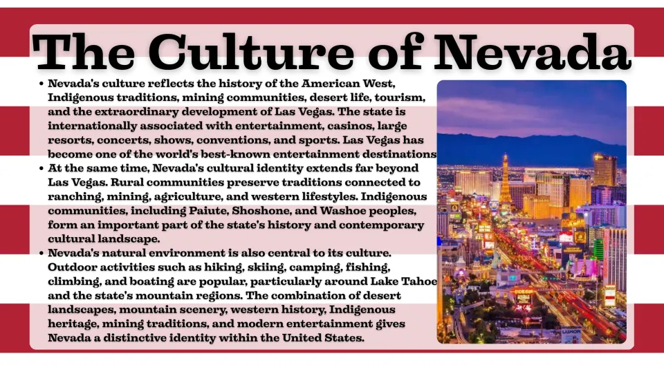Culture slide covering Nevada's Indigenous traditions, rural communities, Las Vegas entertainment, and recreation