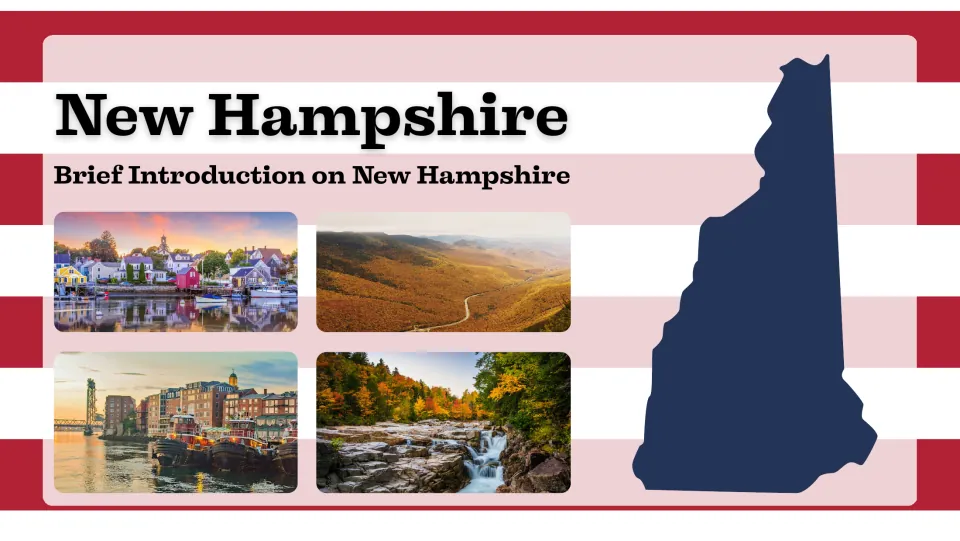 Presentation cover introducing New Hampshire with a state silhouette and photos of towns and landscapes