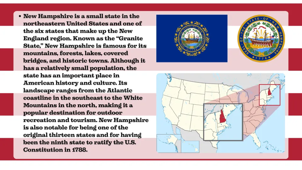 Introduction slide describing New Hampshire as the Granite State, with its flag, seal, and location map