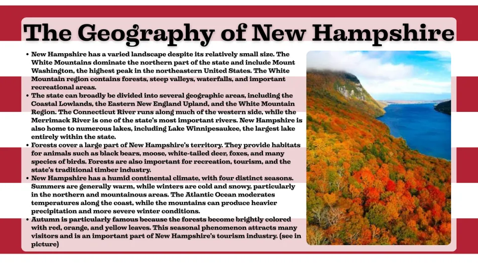 Geography slide covering the White Mountains, rivers, Lake Winnipesaukee, forests, climate, and fall colors
