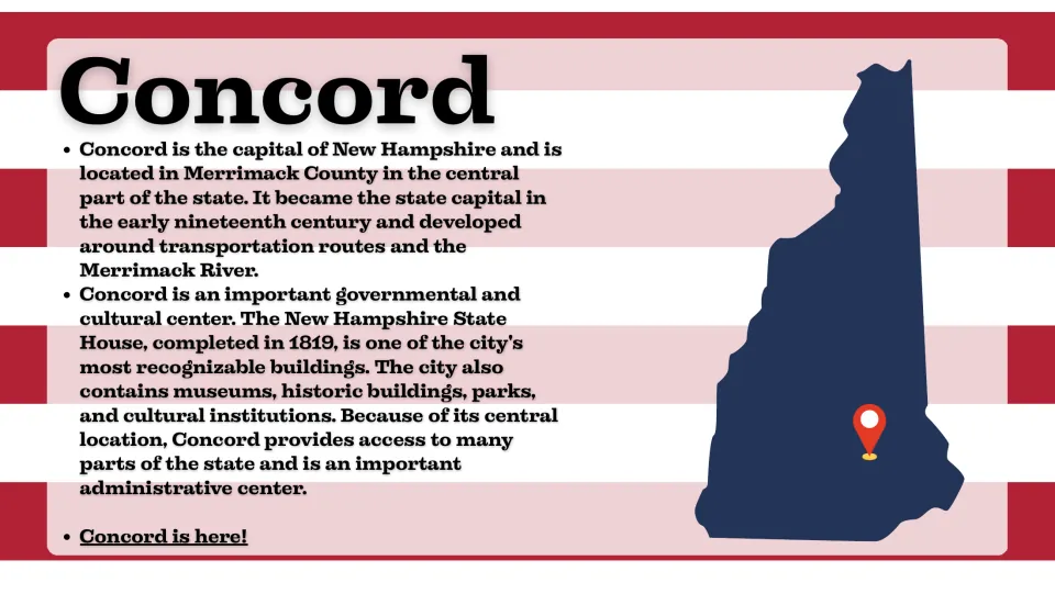 Capital city slide introducing Concord, its Merrimack River location, State House, and governmental role