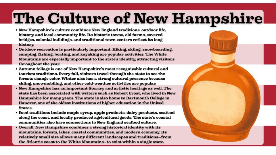 Culture slide covering outdoor recreation, fall foliage, Robert Frost, Dartmouth College, and food traditions