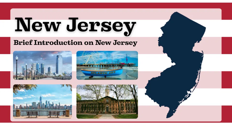 Presentation cover introducing New Jersey with a state silhouette and photos of city and coastal landmarks