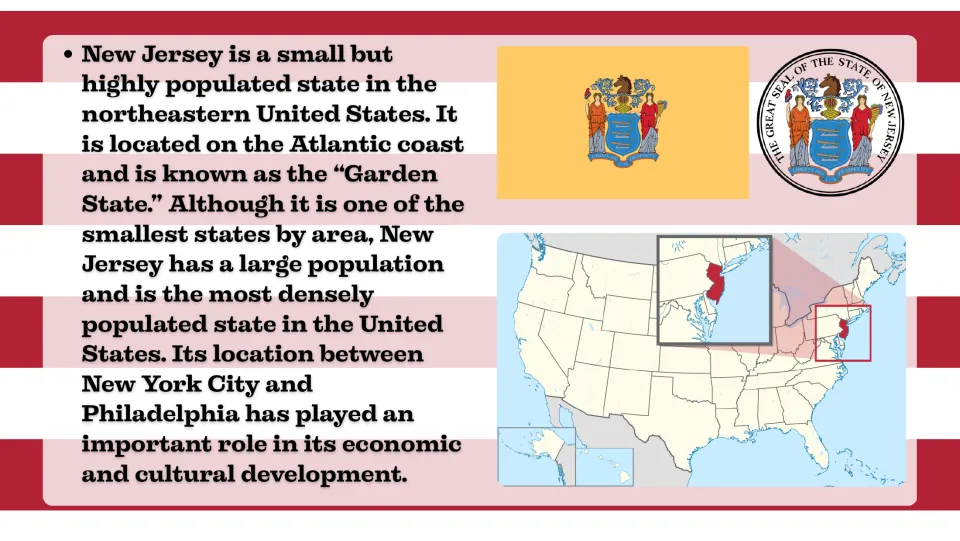 Introduction slide explaining New Jersey's Garden State nickname, Atlantic location, and population density