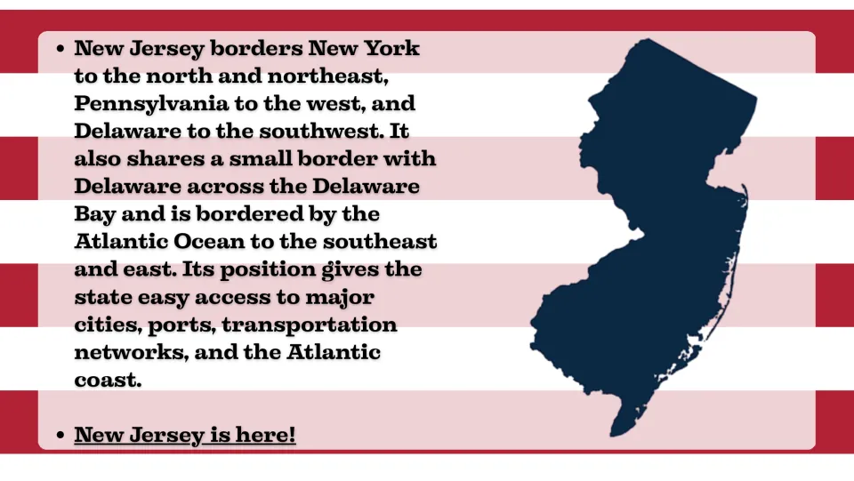 Location slide identifying New Jersey's borders with New York, Pennsylvania, Delaware, and the Atlantic