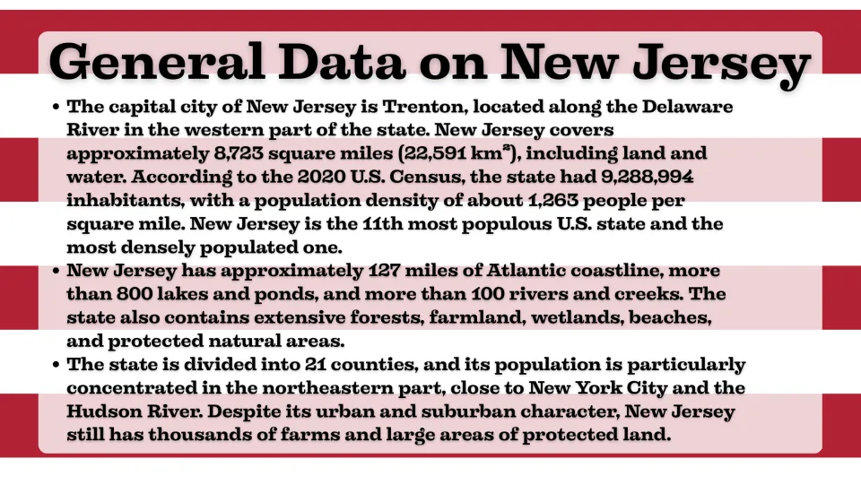 General data slide covering New Jersey's capital, area, 2020 population, coastline, and 21 counties
