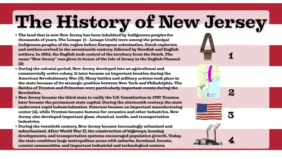 History slide tracing New Jersey from the Lenape and European settlement to the Revolution and industry