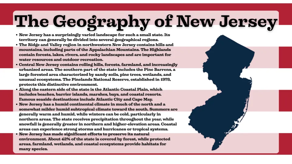 Geography slide exploring New Jersey's mountains, Pine Barrens, Atlantic Coastal Plain, and climate