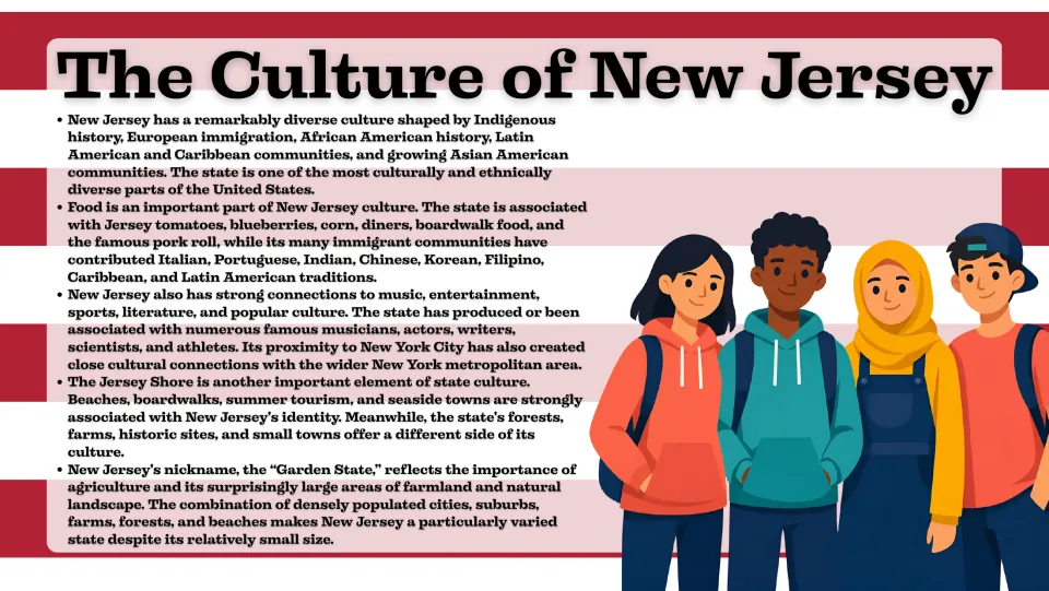 Culture slide covering New Jersey's diverse communities, foods, music, Jersey Shore, and farming identity