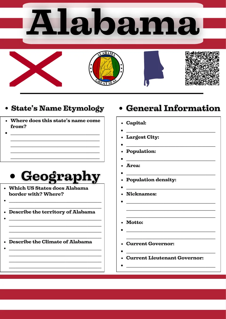 Alabama state profile: students fill in etymology, geography, capital, population, nicknames, motto and governors