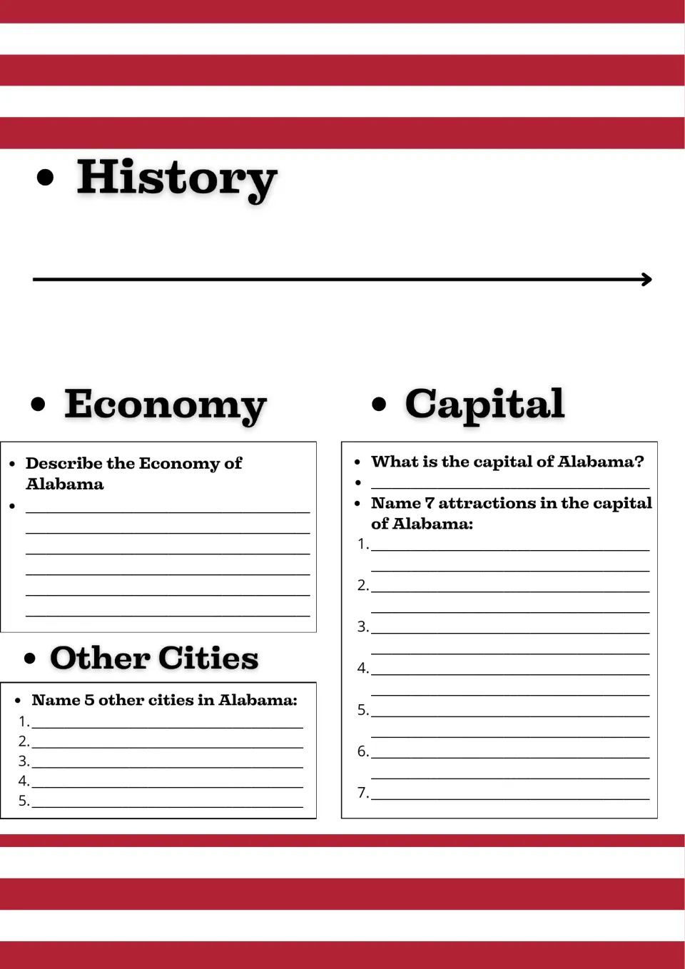 Alabama history timeline, economy, other cities and capital: students list 5 cities and 7 capital attractions
