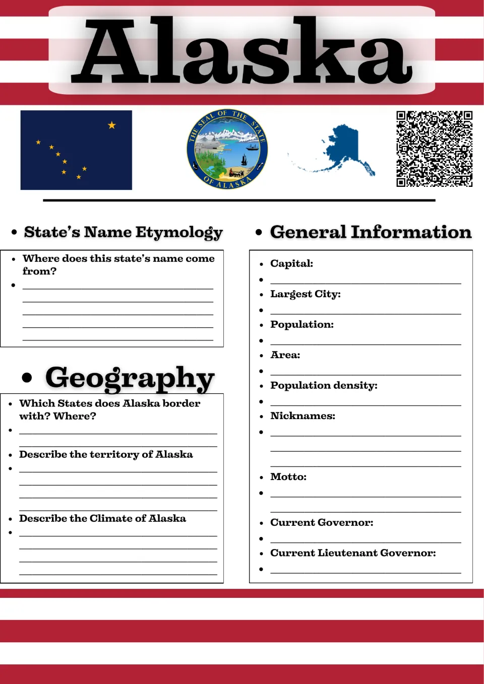 Alaska study guide page 1: state name origin, geography, and general facts, including capital and population