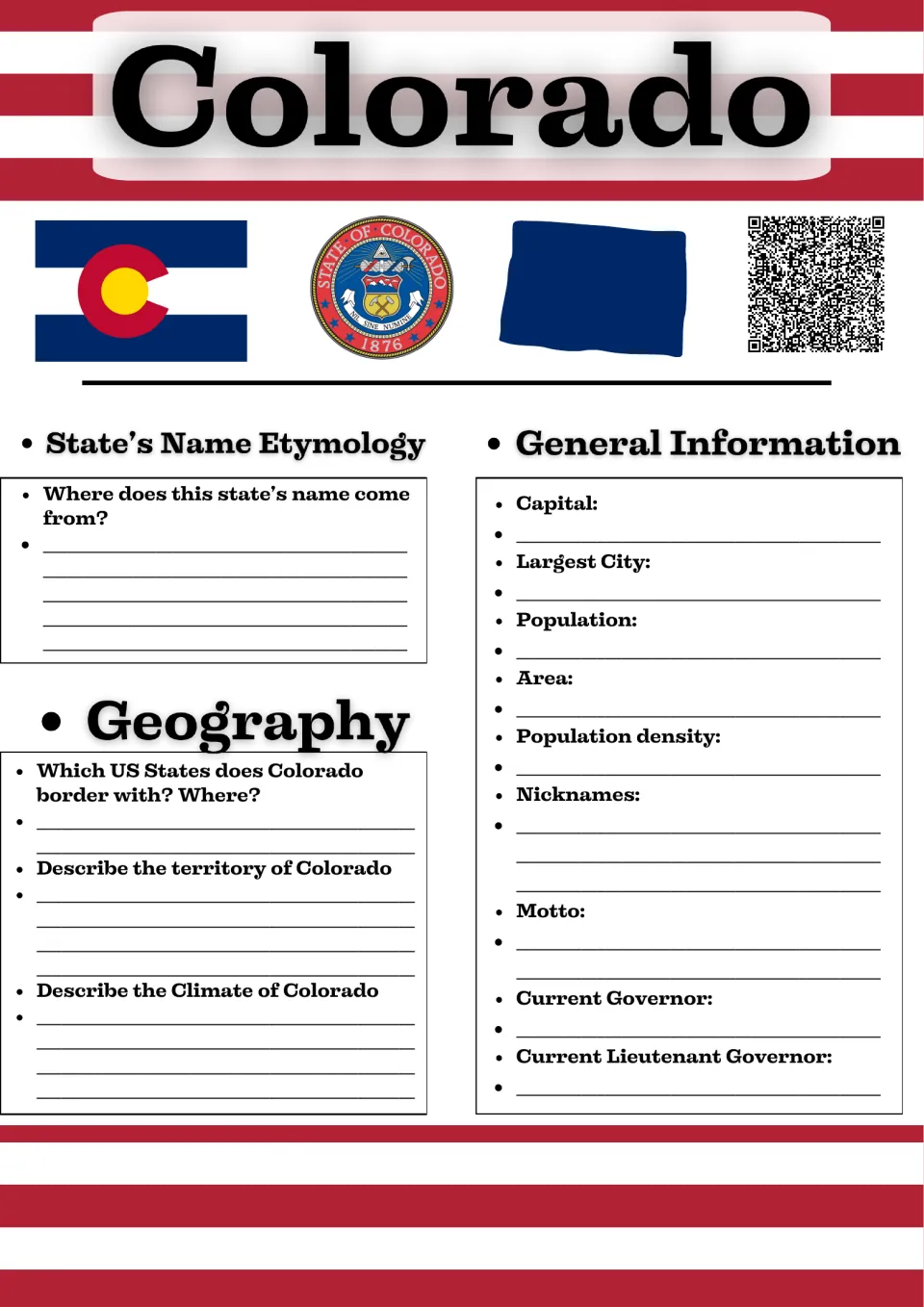 Colorado state facts: students research the name's origin, borders, territory, climate, capital, motto and governor