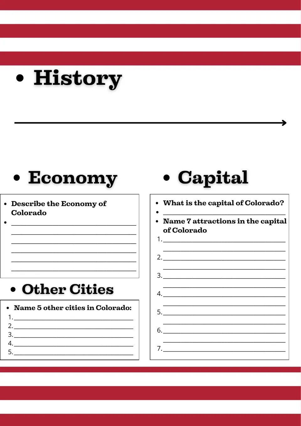 Colorado history timeline, economy summary, 5 other cities and 7 attractions in the capital for students to research