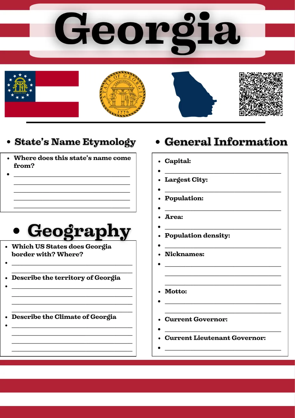 Georgia study guide page 1: name origins, state facts, bordering states, territory, climate, and leaders