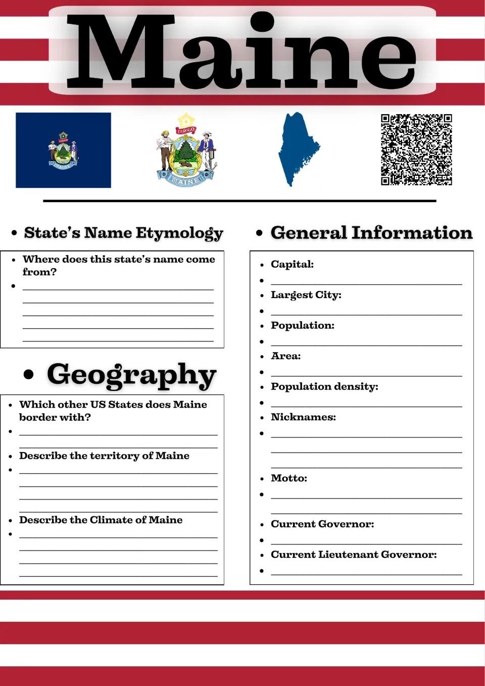 Maine study guide page 1: state name origins, general facts, bordering states, territory, and climate