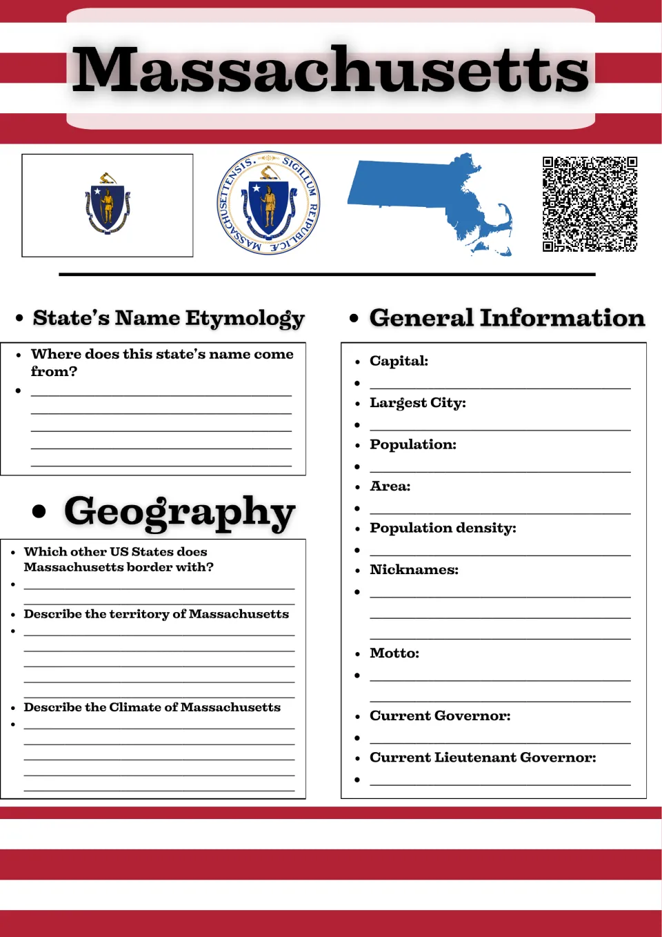 Massachusetts state facts: students research the name's origin, bordering states, climate, capital, motto and governor