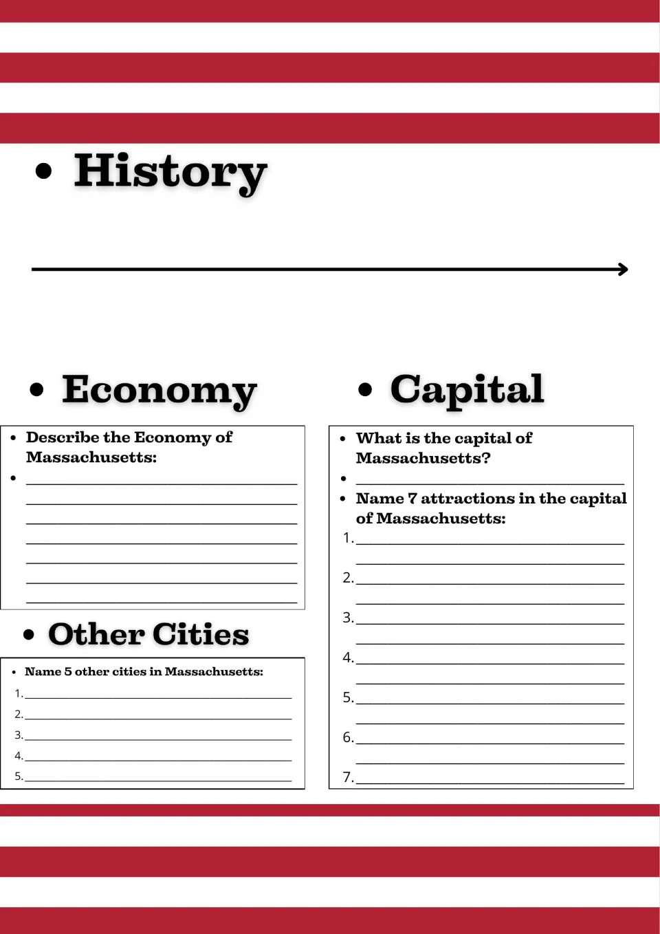 Massachusetts history and economy: students fill a timeline, name 5 other cities and 7 attractions in the capital