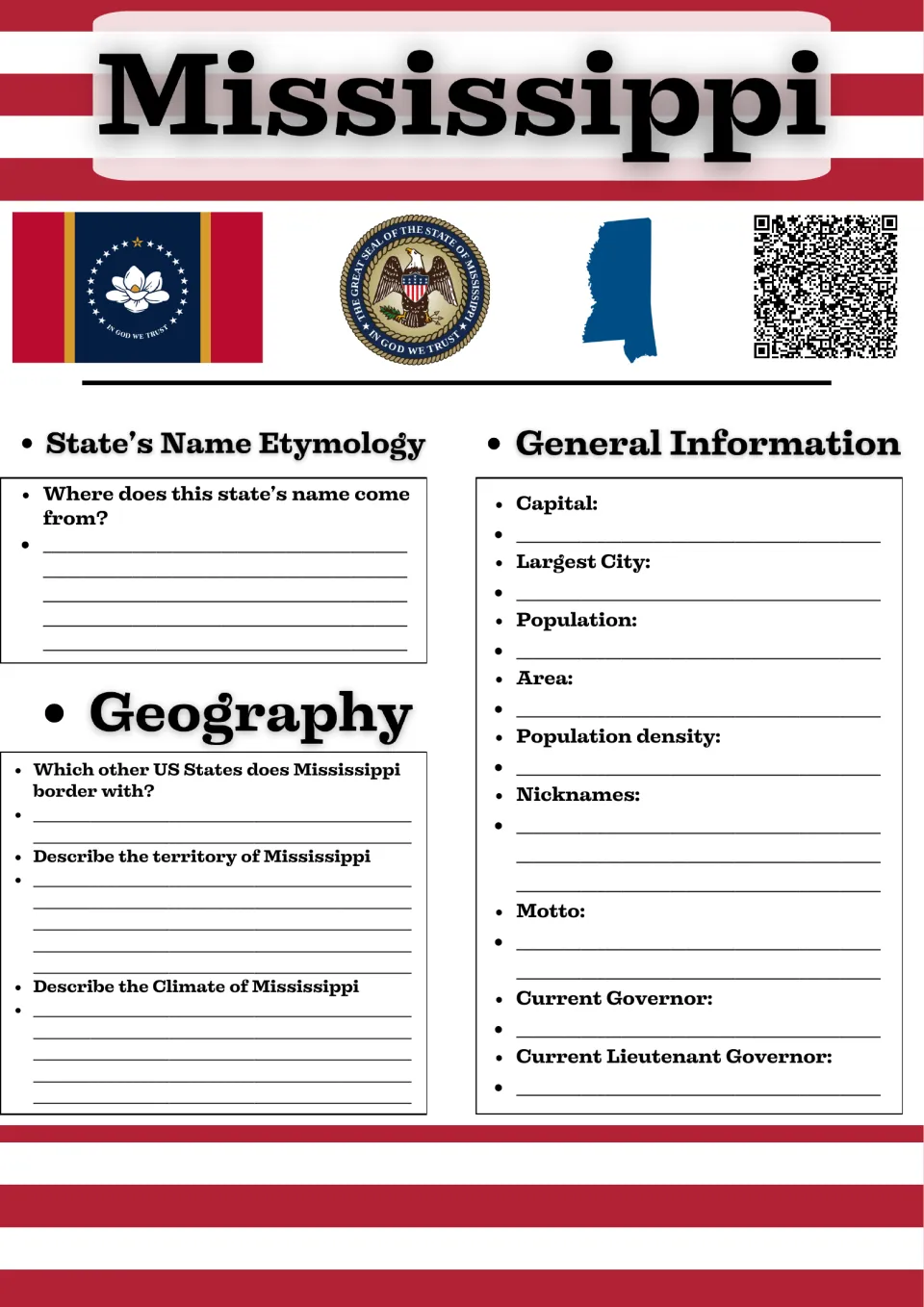 Mississippi state research sheet: students record name origin, bordering states, climate, capital, motto and governor