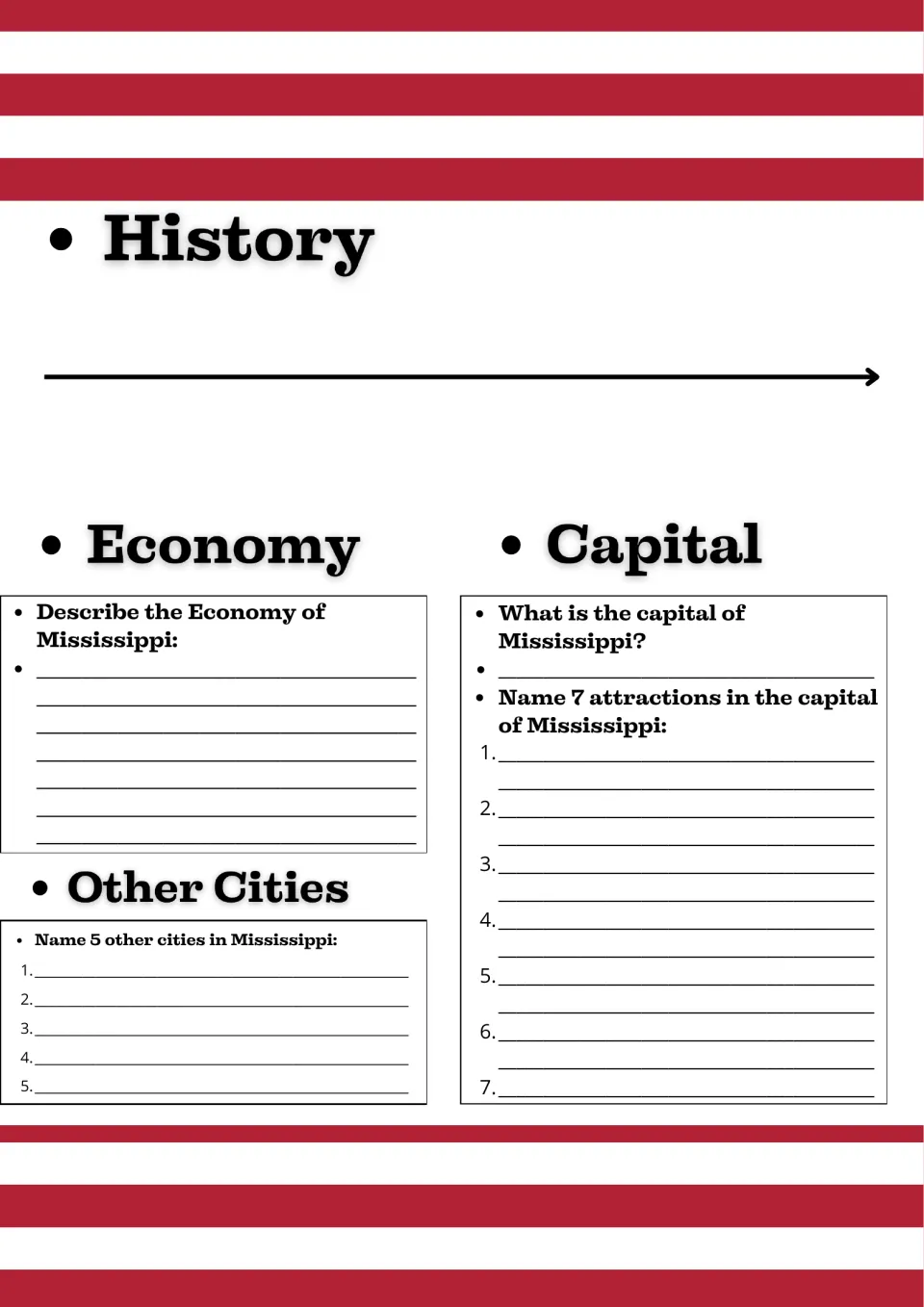 Mississippi history, economy and cities: students fill a timeline, describe the economy and list 7 capital attractions
