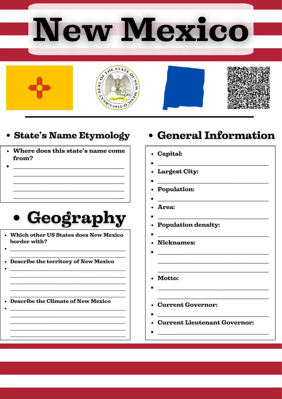 New Mexico facts: students research the name's origin, borders, climate, capital, population, motto and governor