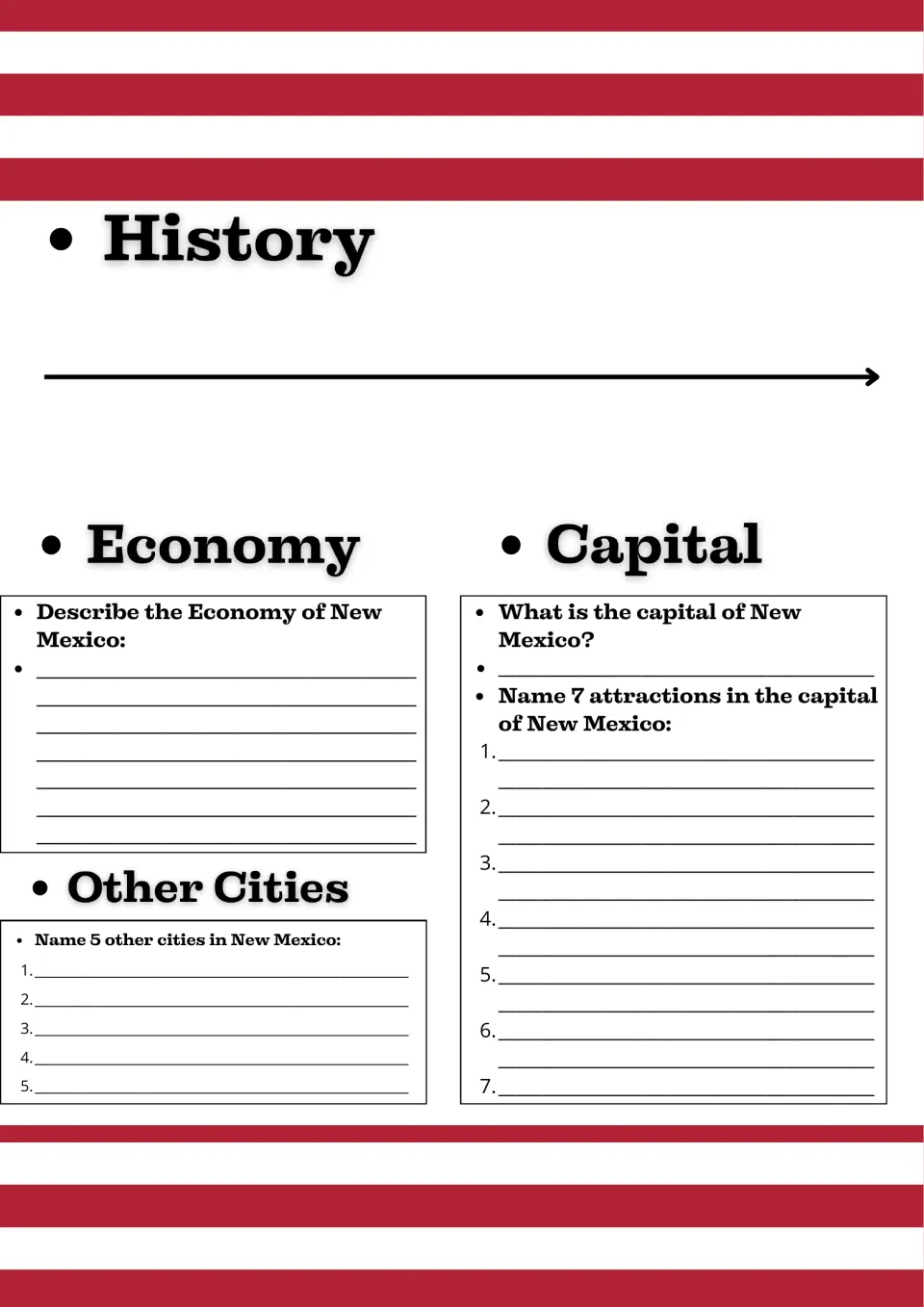 New Mexico history, economy and cities: students fill a timeline, describe the economy and list 7 attractions in the capital