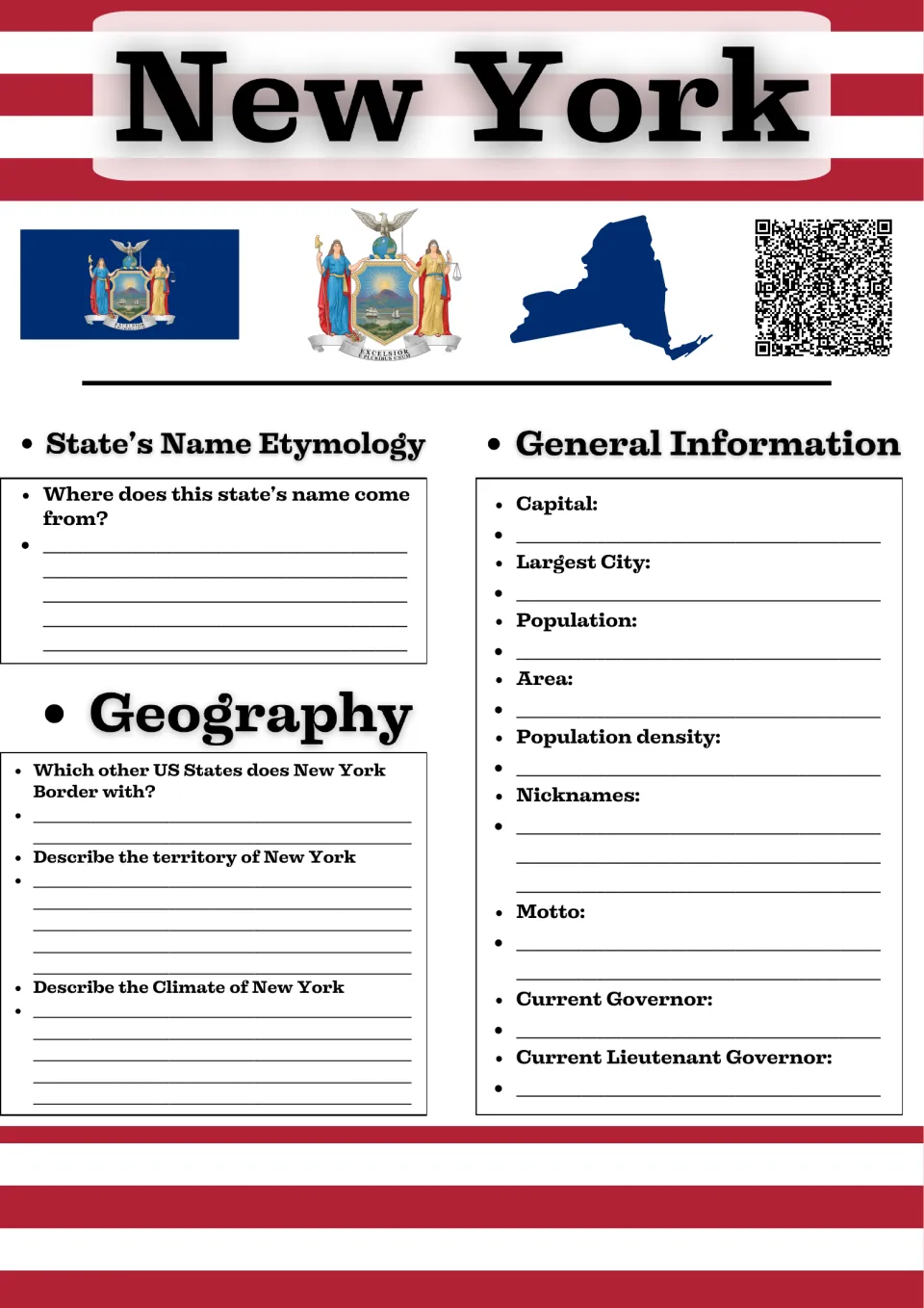 New York state profile with flag, seal and map: students record the capital, nickname, motto, borders and climate
