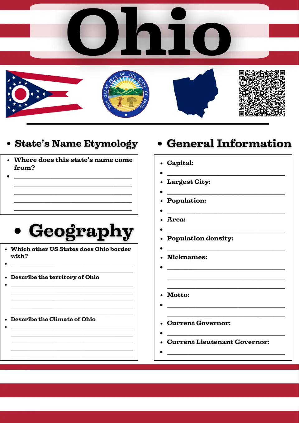 Ohio study guide page 1: state name origins, geography, and general facts including capital and governor.