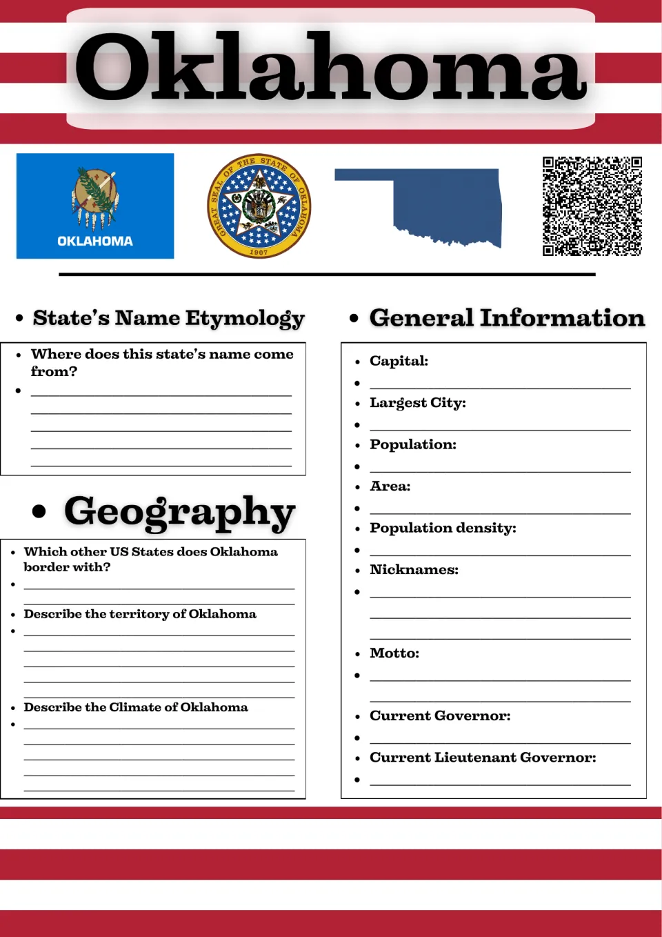 Oklahoma study guide, page 1: state name origins, geography, and facts including capital, motto, and governor.