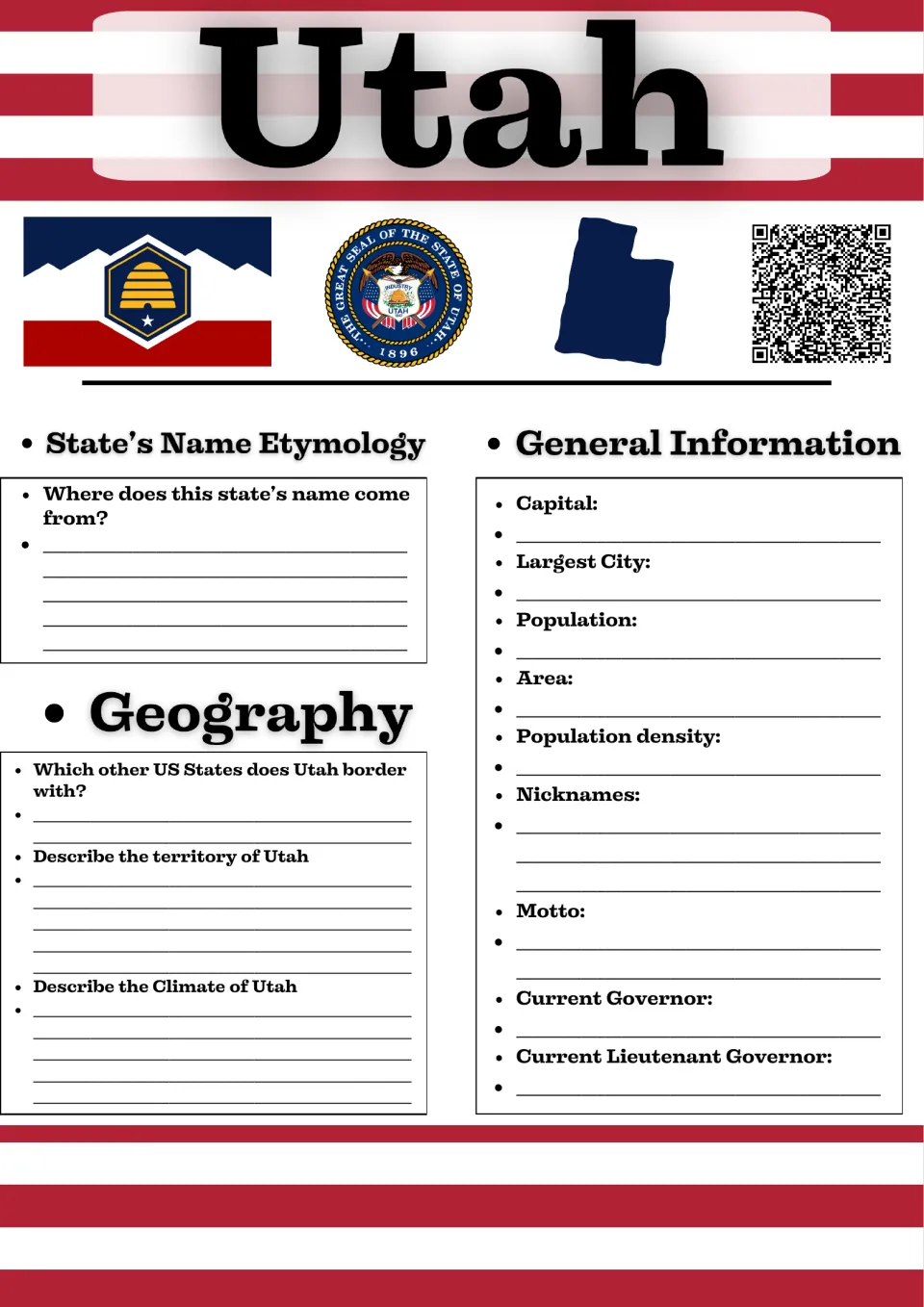 Utah state study guide: students research and write the name origin, borders, climate, capital, governor and motto