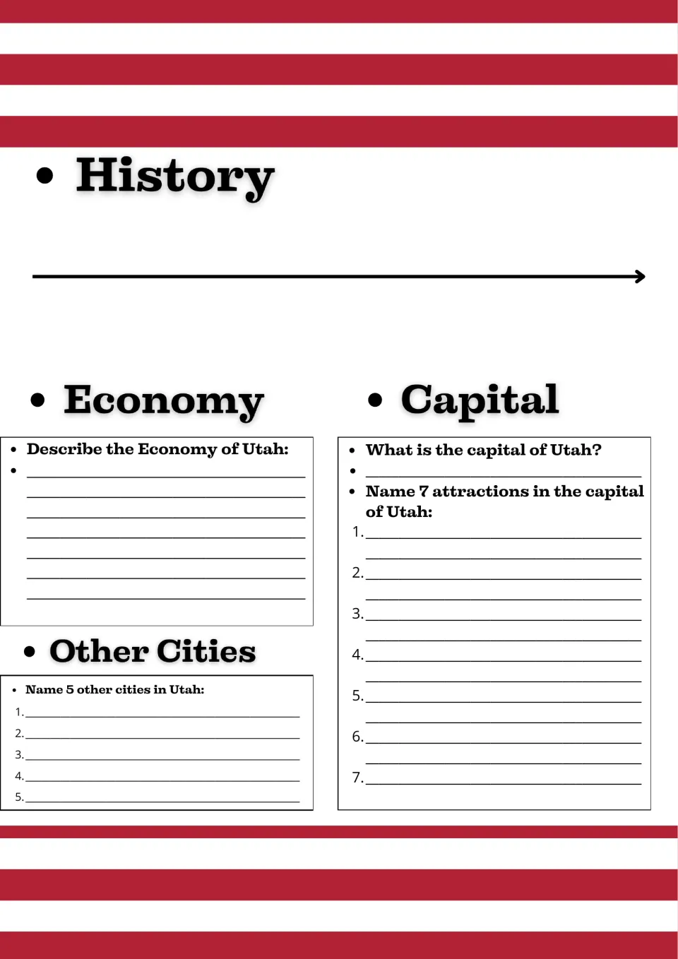 Utah history timeline, economy, other cities and capital: students describe the economy and list 5 cities, 7 attractions