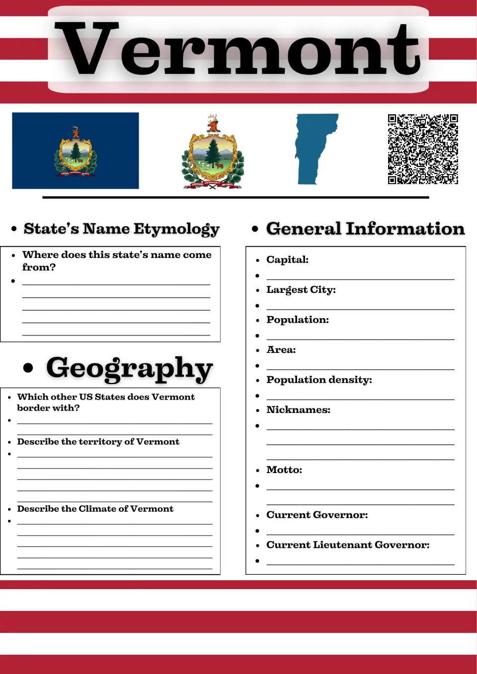 Vermont study guide page 1: state name origins, general information, bordering states, territory, and climate.