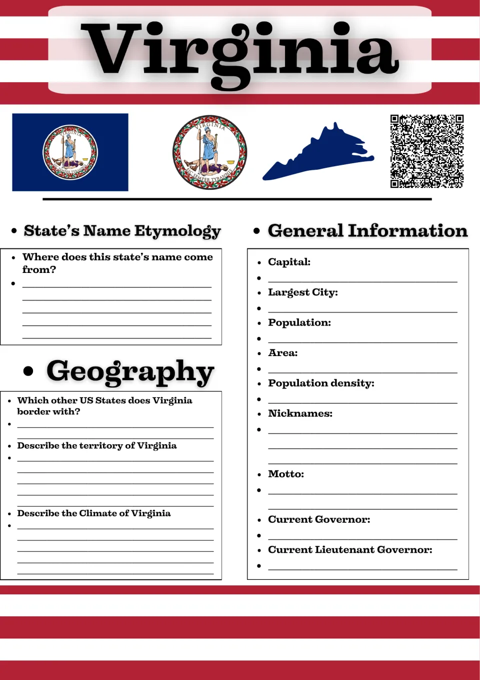Virginia state facts: students research name origin, bordering states, territory, climate, capital, motto and governor