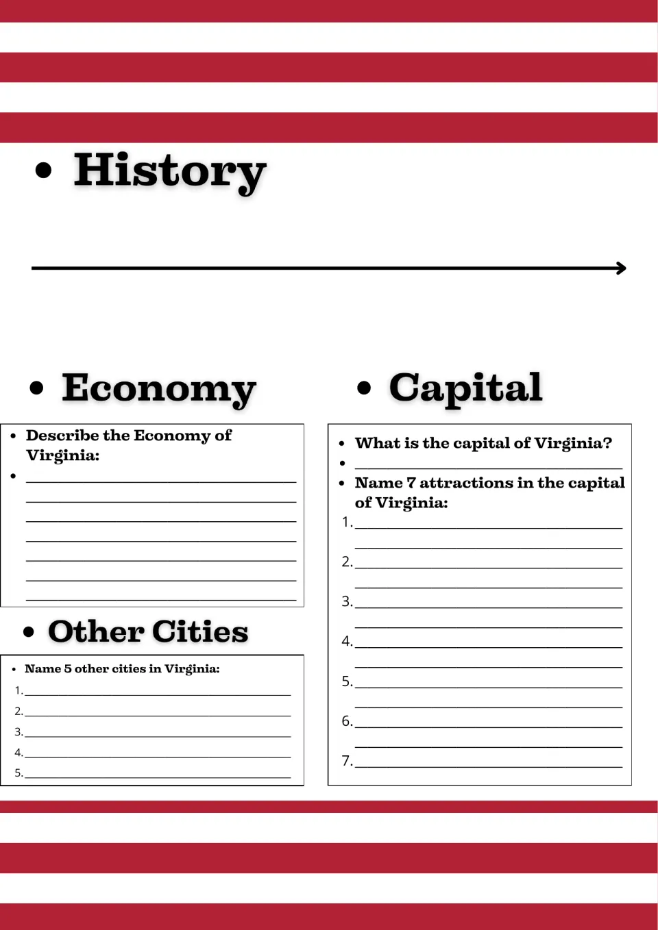 Virginia history timeline plus prompts to describe the economy, name 5 other cities and list 7 attractions in the capital