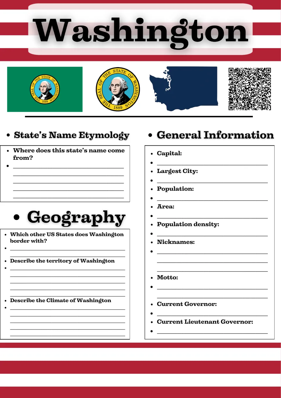 Washington state profile: students record name origin, borders, climate, capital, population, motto and governor