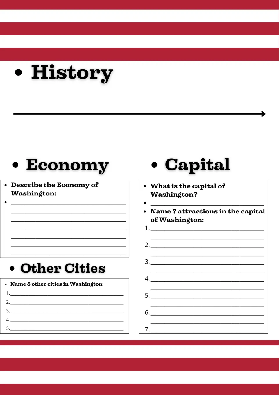 Washington history timeline, economy, other cities and capital: students write about the economy and list 7 attractions