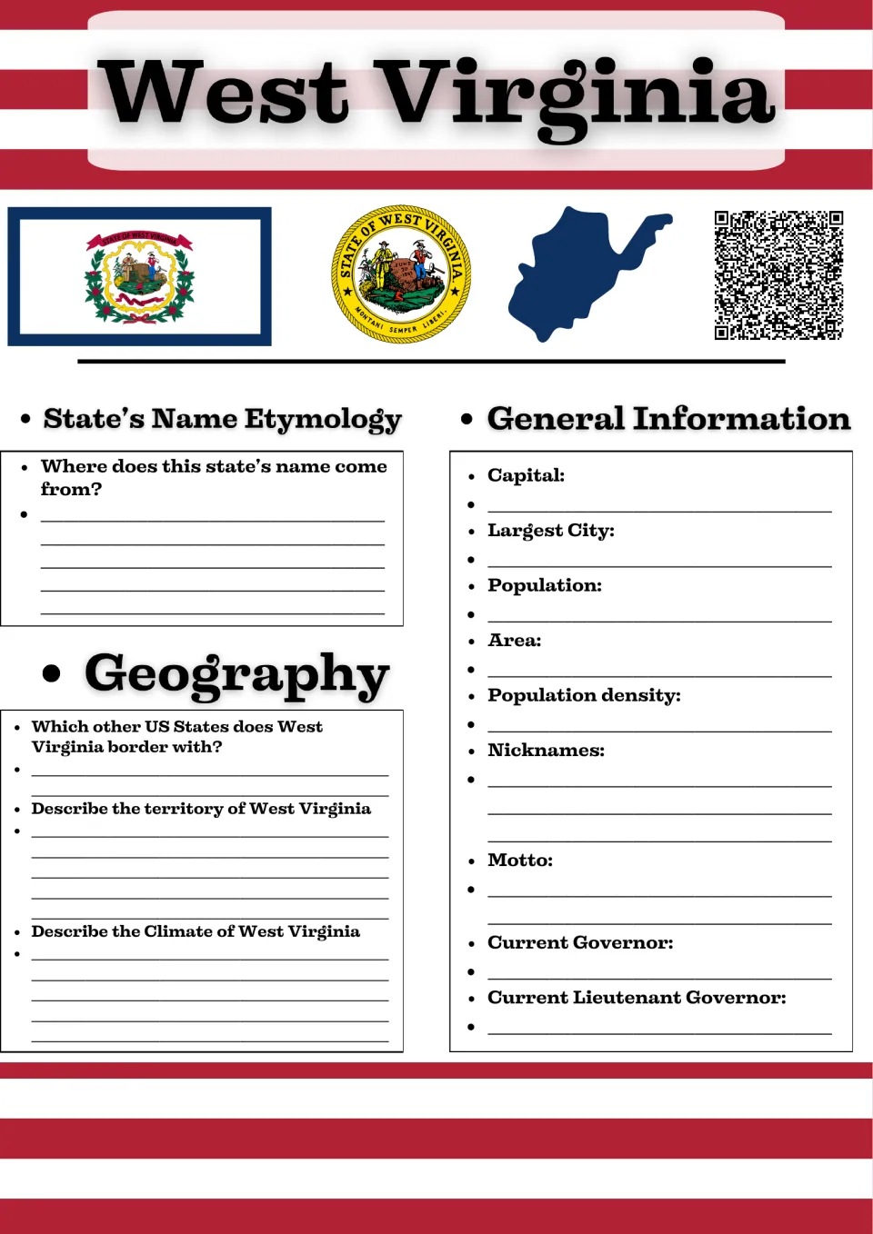 Study guide page 1: West Virginia name origins, geography, and state facts, including capital and governor.