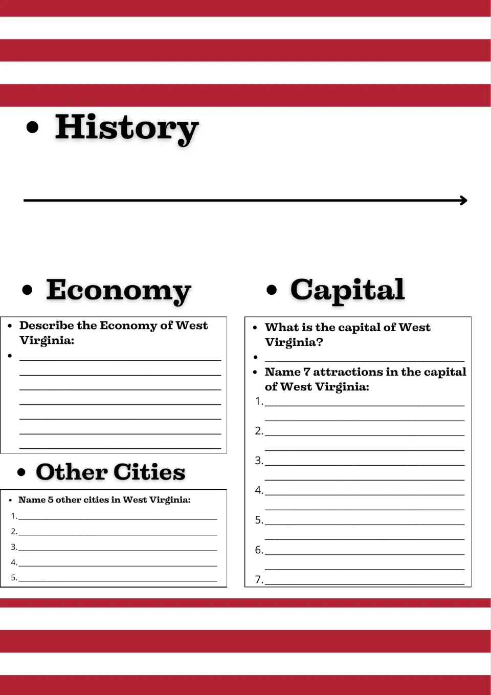 Study guide page 2: West Virginia history timeline, economy, five other cities, and seven capital attractions.
