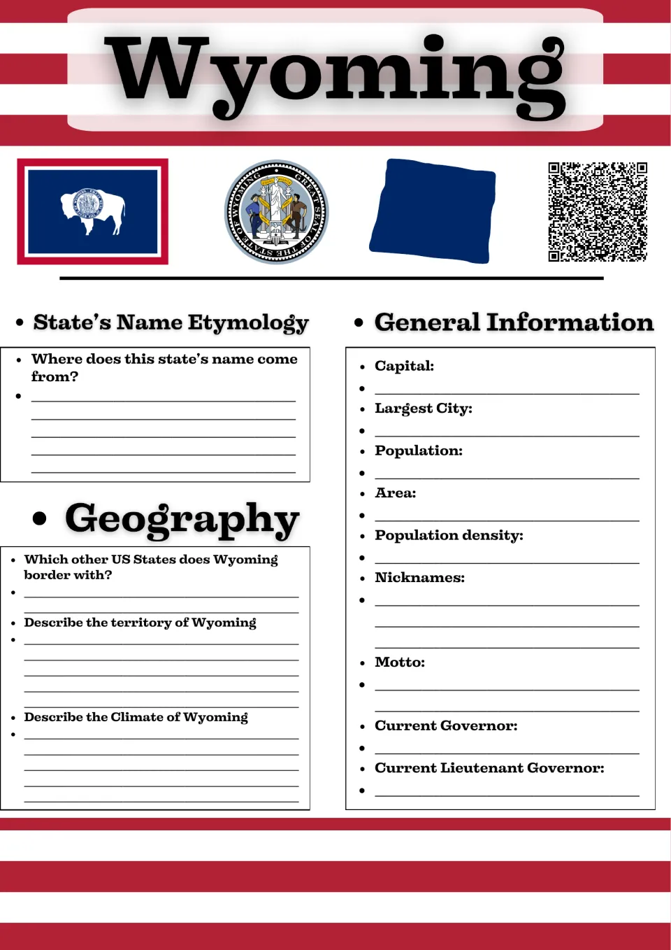 Wyoming study guide, page 1: name origin, geography, and state facts including capital, population, and motto.