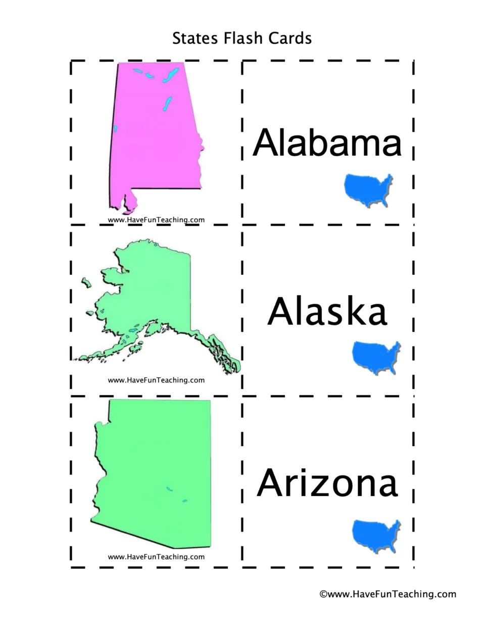 State flashcard sheet 1: Alabama, Alaska, and Arizona names paired with their corresponding state shapes