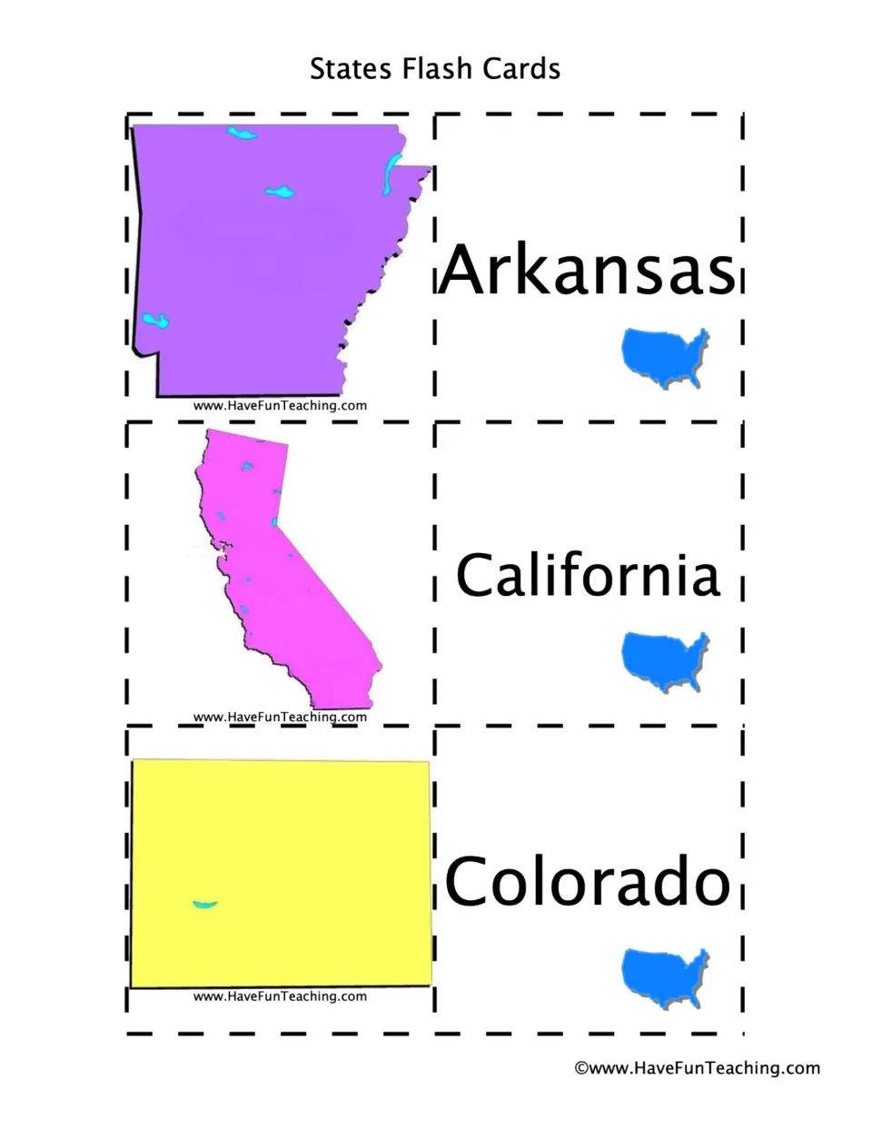 State flashcard sheet 2: Arkansas, California, and Colorado names paired with their corresponding state shapes