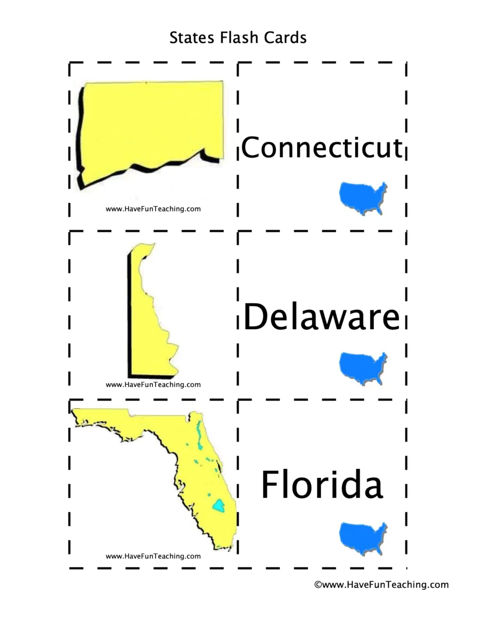 State flashcard sheet 3: Connecticut, Delaware, and Florida names paired with their corresponding state shapes