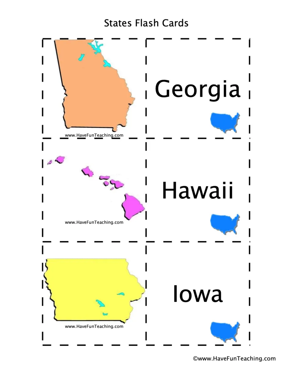 State flashcard sheet 4: Georgia, Hawaii, and Iowa names paired with their corresponding state shapes