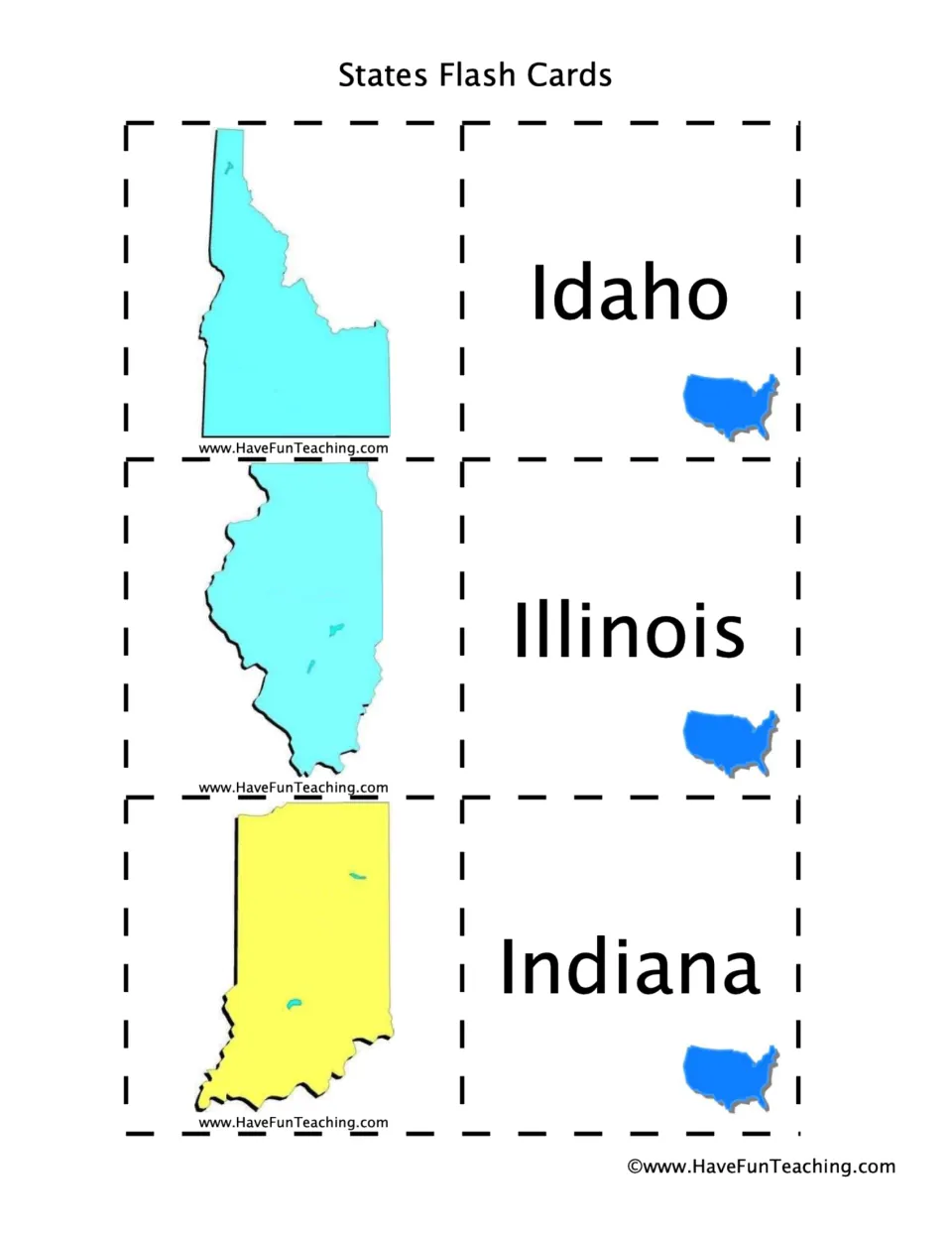 State flashcard sheet 5: Idaho, Illinois, and Indiana names paired with their corresponding state shapes