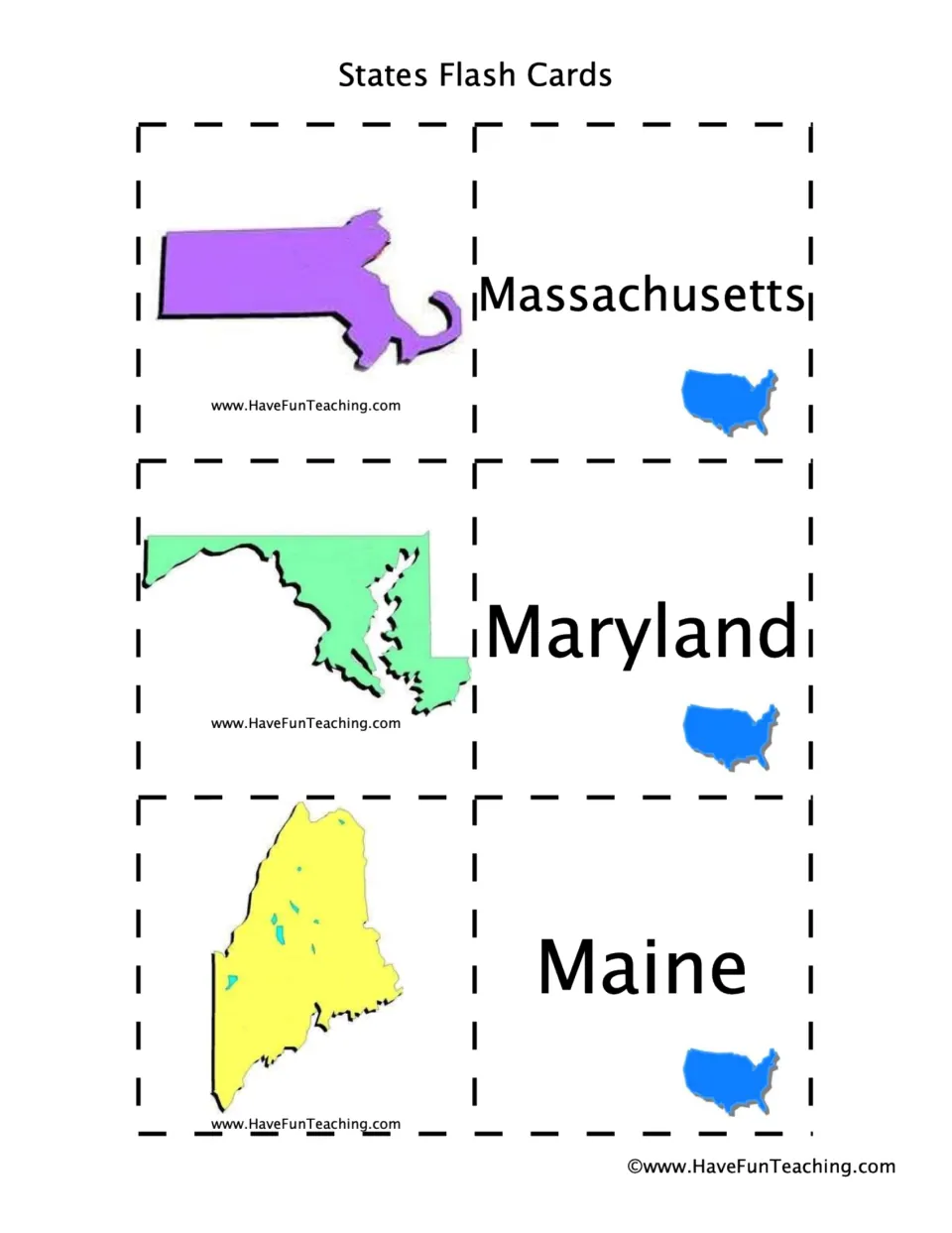 State flashcard sheet 7: Massachusetts, Maryland, and Maine names paired with their corresponding state shapes
