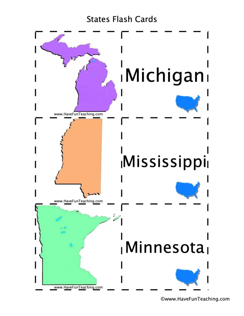 State flashcard sheet 8: Michigan, Mississippi, and Minnesota names paired with their corresponding state shapes