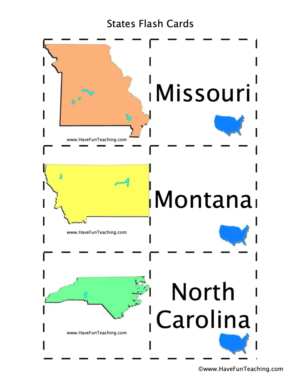State flashcard sheet 9: Missouri, Montana, and North Carolina names paired with their corresponding state shapes
