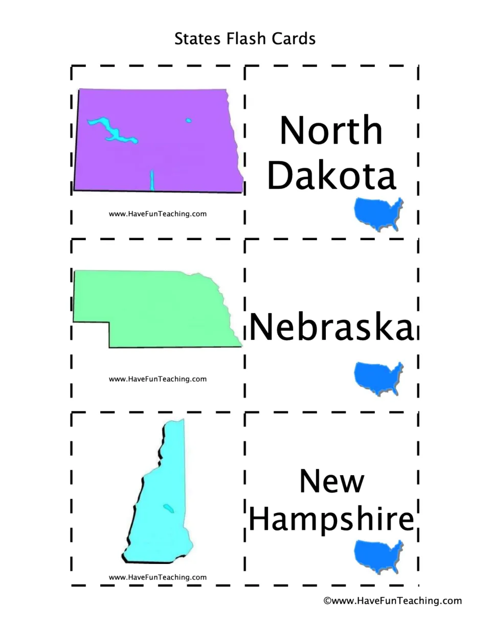 State flashcard sheet 10: North Dakota, Nebraska, and New Hampshire names paired with matching state shapes