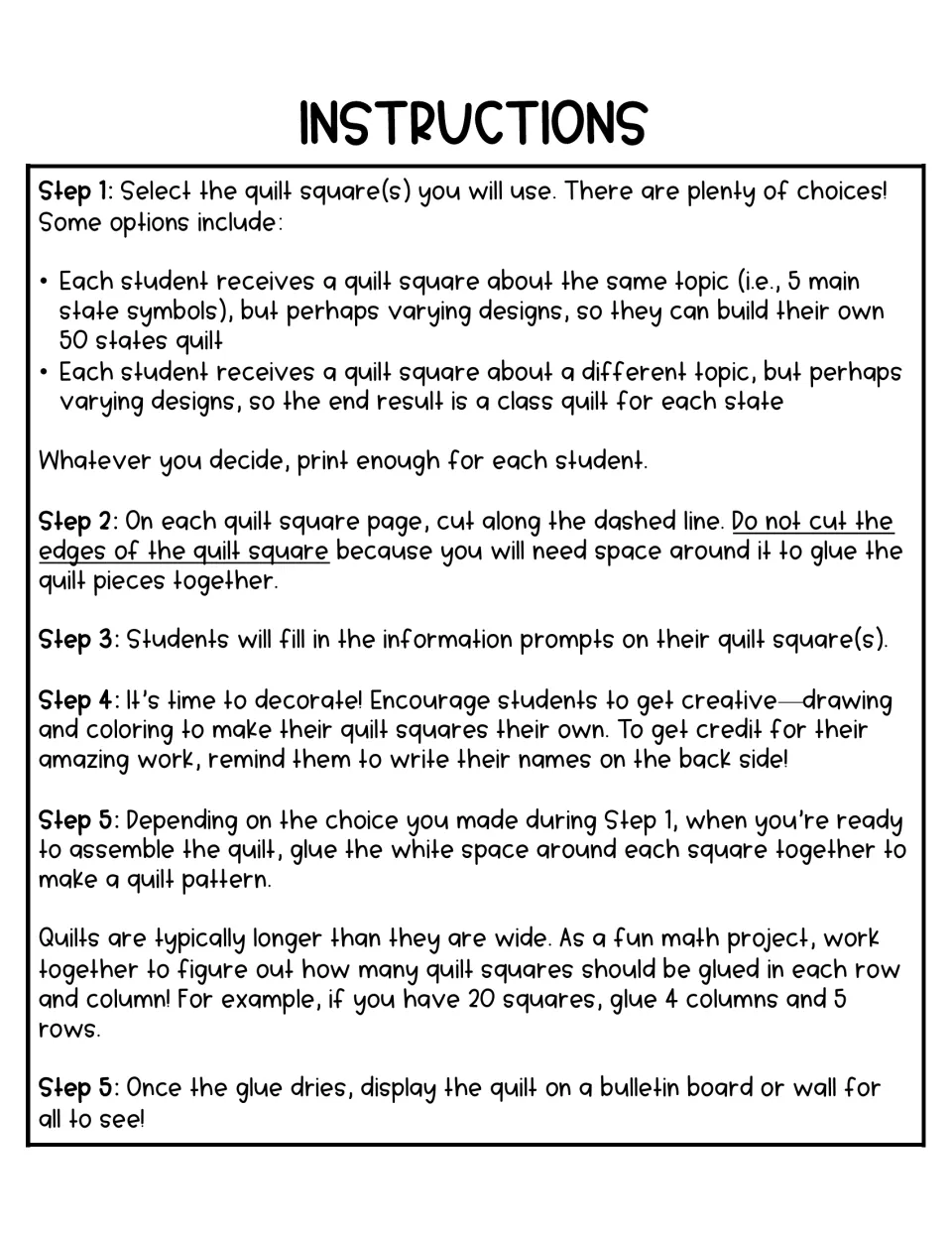 Quilt project instructions: choose squares, cut on the dashed line, fill in prompts, decorate, then glue them into a quilt